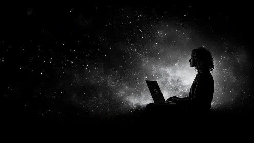 Silhouetted laptop user framed by luminous starfield backdrop.