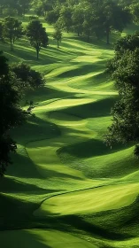 Undulating fairways and greens extend through a tree-lined course