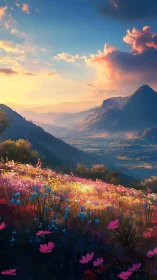 Mountain valley landscape shows wildflower field at sunset