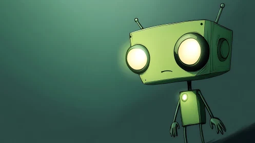 Melancholic green robot glowing softly in teal void.