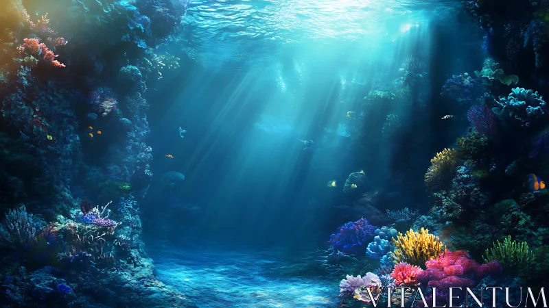 Sunlit coral canyon reveals tranquil undersea sanctuary.
