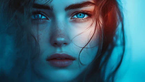 Digital close-up portrait of blue-eyed woman in cool light.