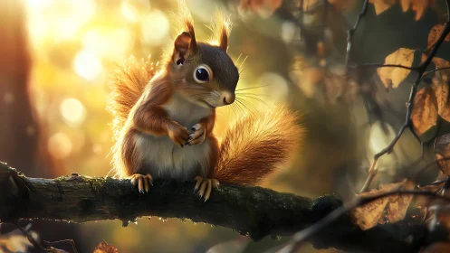 Red squirrel on tree branch in backlit forest setting.