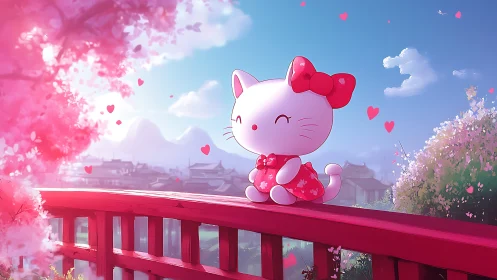 Cute chibi cat sits on red bridge in cherry blossom spring