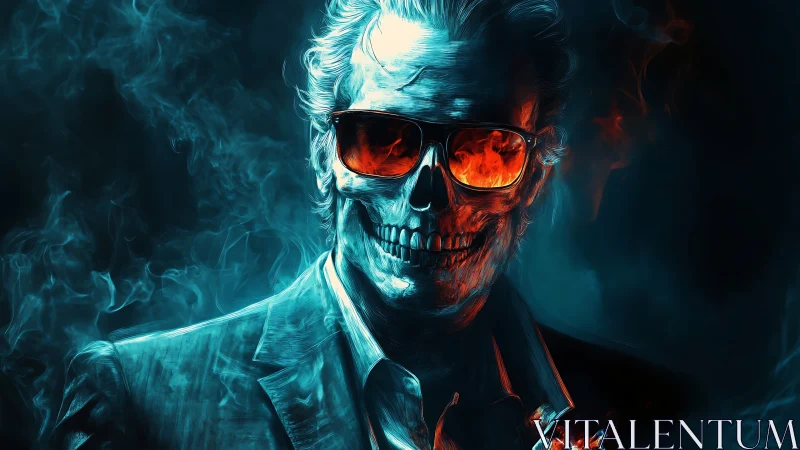 Flaming-suited skeleton grins through neon smoke and shades