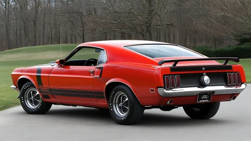 1970 classic fastback muscle car in vivid red, rear three-quarter