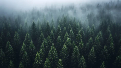 Dense conifer forest rises into low fog under overcast light