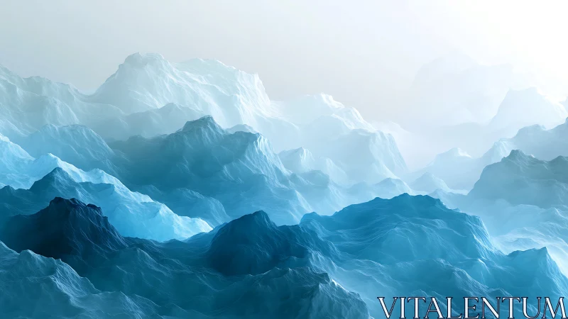 Layered blue crystalline formations occupy a misty landscape