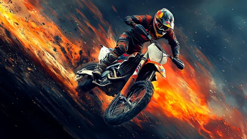 Motocross rider drives dirt bike through explosive fiery trail