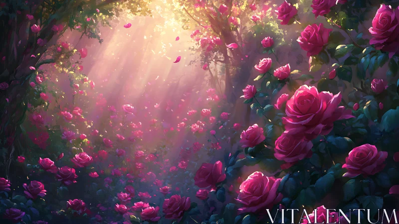 Luminous Rose Garden with Volumetric Light Rays and Petal Cascade.