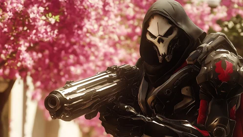 Armored skull-masked shooter stands before pink blossoms