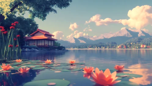 Lakefront pagoda stands beside water lilies and mountains