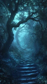 Stone path ascending through dense blue-tinted forest.