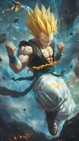 High-energy ascendant fighter amid fragmented atmospheric debris.