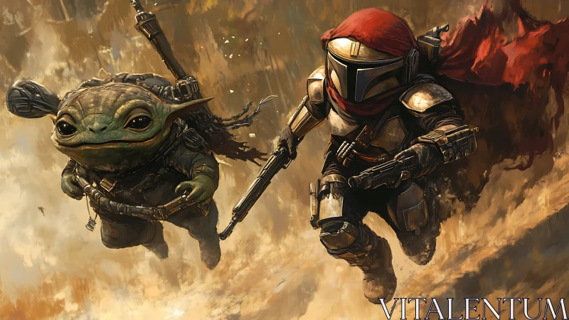 Armored space warrior and alien child soar through battle skies