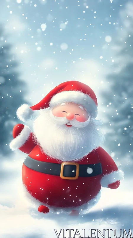 Cartoon Santa Claus stands smiling in soft falling snow