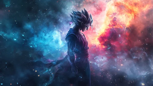 Celestial anime warrior silhouetted between fire and nebulae