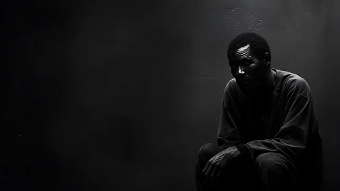 Solitary figure carved from shadow and quiet, mid-thought.