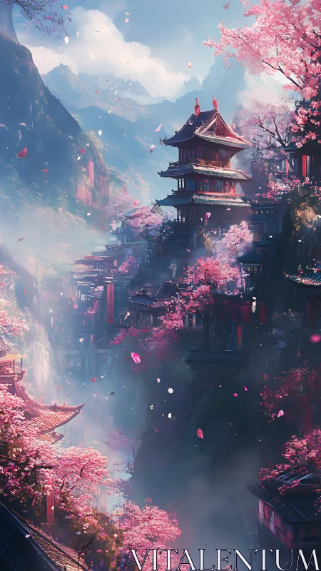 Layered mountain pagodas under dense cherry blossom canopy in mist