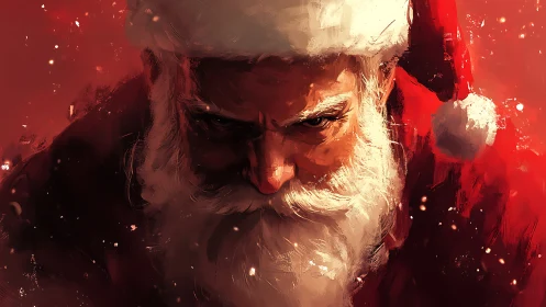 Intense close-up portrait of Santa in dramatic red lighting.