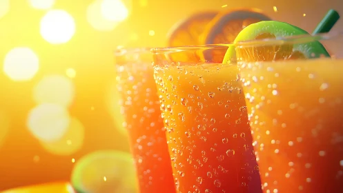 Carbonated beverage with citrus garnish against warm light background.