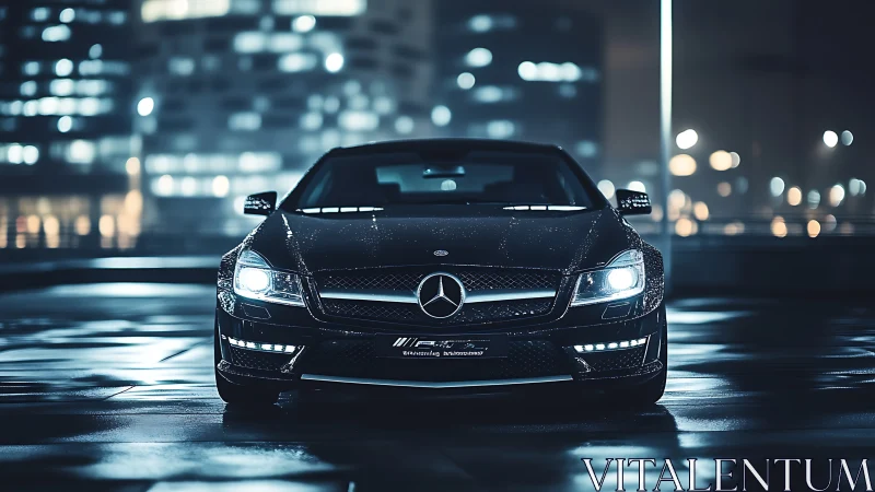 Bold black Mercedes coupe shines on a sleek rainy city night