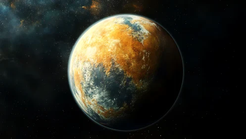 Rust-gold frontier planet drifting through velvet starfield.