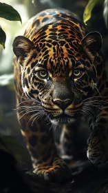 Spotted jaguar in dense foliage, frontal close view.