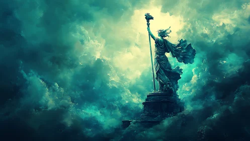Stormlit liberty statue rising through teal clouds.