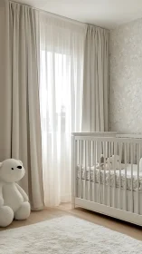 Monochrome neutral nursery with crib, plush bear and soft light