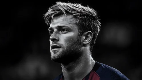 Focused male footballer portrait in dramatic lighting.