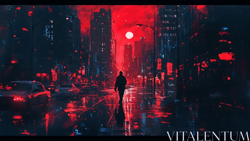 Midnight wanderer walks through a neon drenched red city