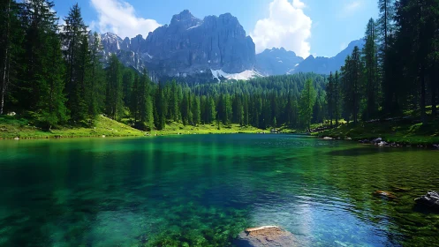 Emerald mountain lake wrapped in tall whispering pines.