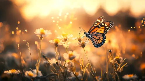 Monarch butterfly hovers over daisies in warm bokeh sunset field