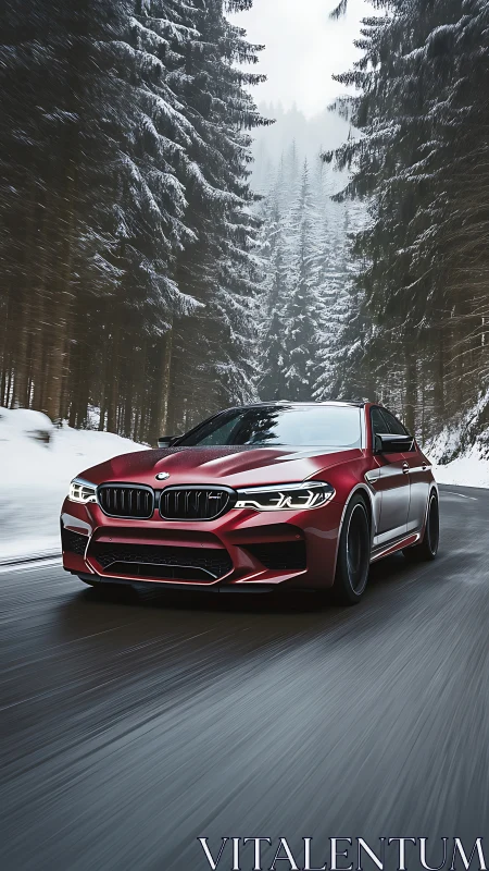 Crimson sports sedan glides confidently through snowy forest road