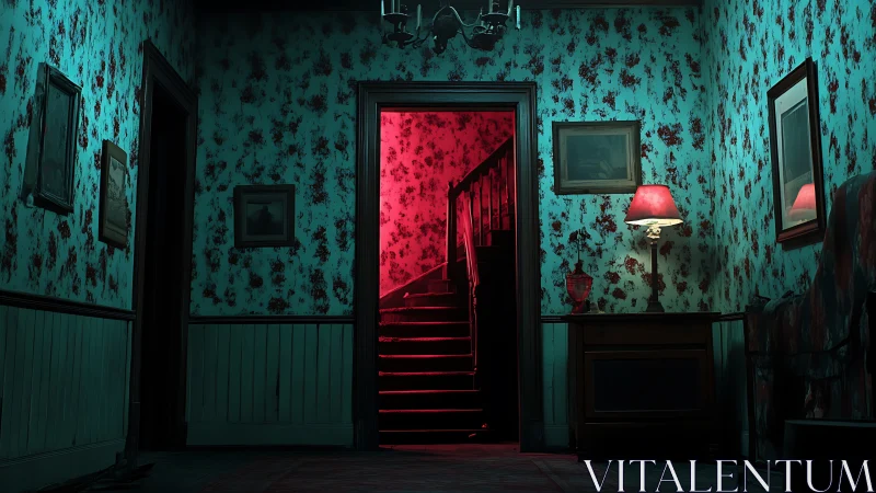 Moody hallway where a red-lit staircase steals the scene.