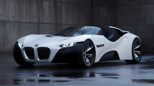 BMW concept roadster in minimal industrial interior setting.