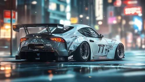 Widebody race car parked on wet neon city street at night.