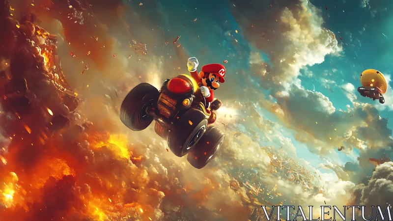 Cartoon racer on hover vehicle in divided sky scene.