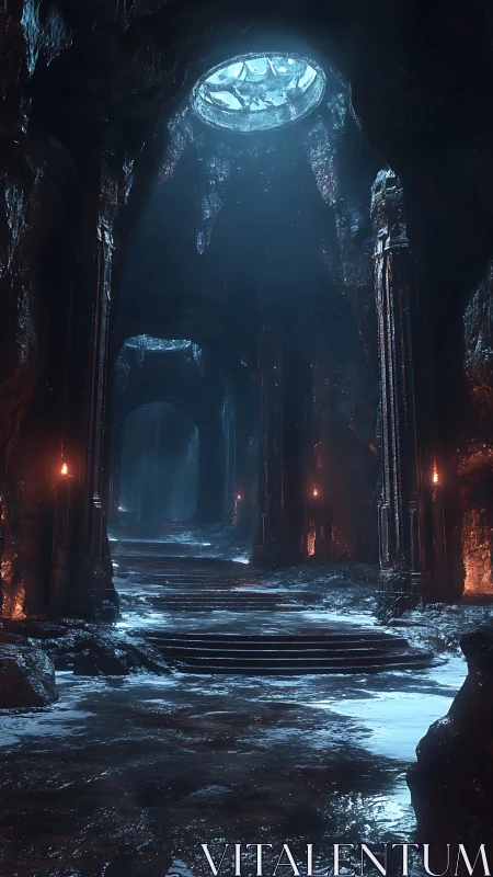 Ancient ice cavern hall with blue shafted skylight.