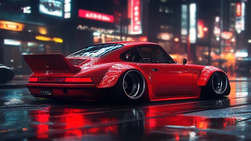 Red modified sports coupe on wet neon city street at night.