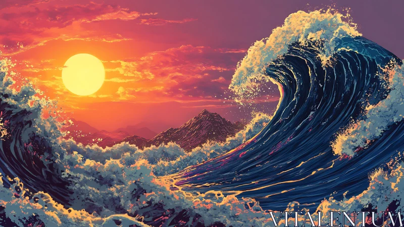 Sunlit storm wave curls toward distant violet mountain ridge