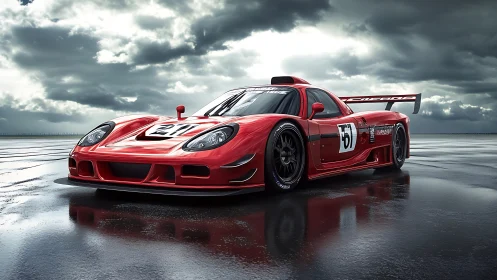 Red racing car on wet track under overcast sky conditions.