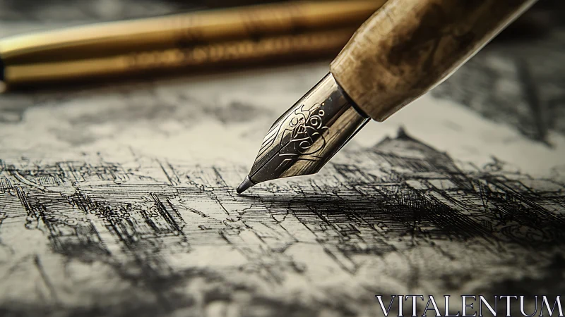Fountain pen nib drawing detailed sketch on textured paper.