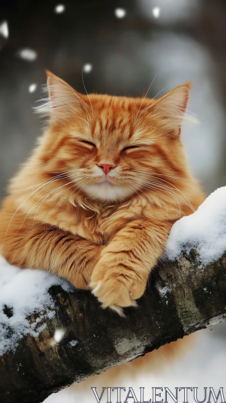 Cozy Ginger Cat Enjoying a Snowy Winter Perch.