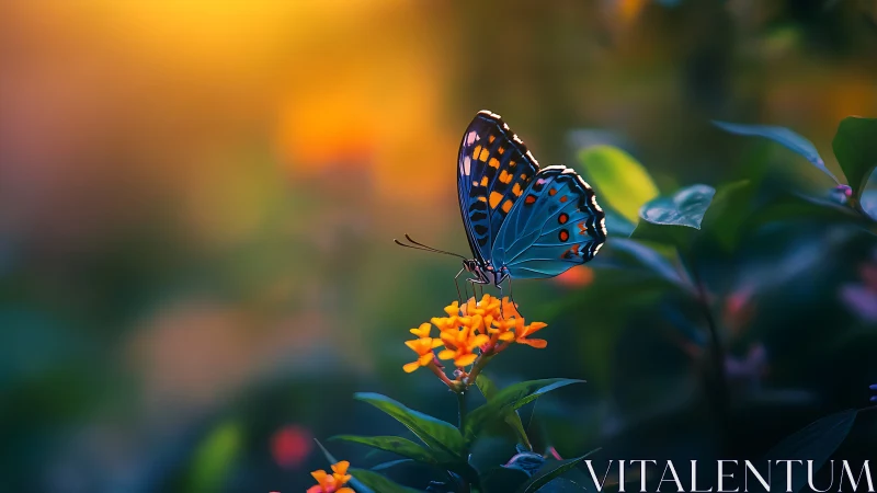 Iridescent butterfly rests on orange blossom in shallow focus