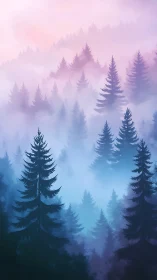 Misty Conifer Forest in Ethereal Blue and Rose Gradient.