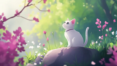 White cat on forest rock in soft spring sunlight.