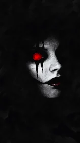 Monochrome face with red eye emerging from dark field.