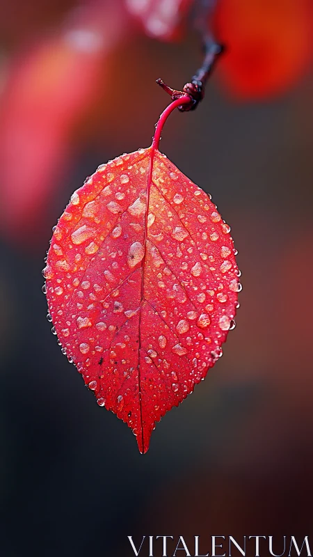 Crimson leaf macro with dew droplets on soft bokeh field.